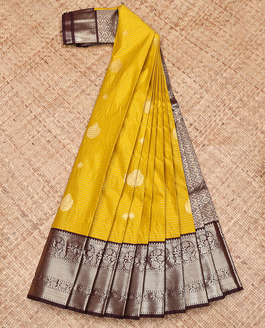 Yellow Budget Silk Saree, Subtly Sparkled with Zari Buttas and Stripes on Its Body, Complemented by a Contrast Traditional Zari Border, Intricately Designed Pallu, and Paired with a Contrast Blouse