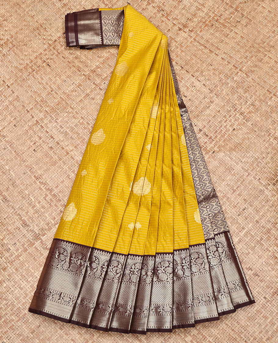 Yellow Budget Silk Saree, Subtly Sparkled with Zari Buttas and Stripes on Its Body, Complemented by a Contrast Traditional Zari Border, Intricately Designed Pallu, and Paired with a Contrast Blouse