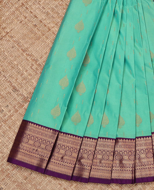 Turquoise Budget Silk Saree, Woven with Zari Buttas All Over Its Body, Complemented by a Contrast Traditional Zari Design Border, Grand Pallu, and Paired with a Contrast Blouse