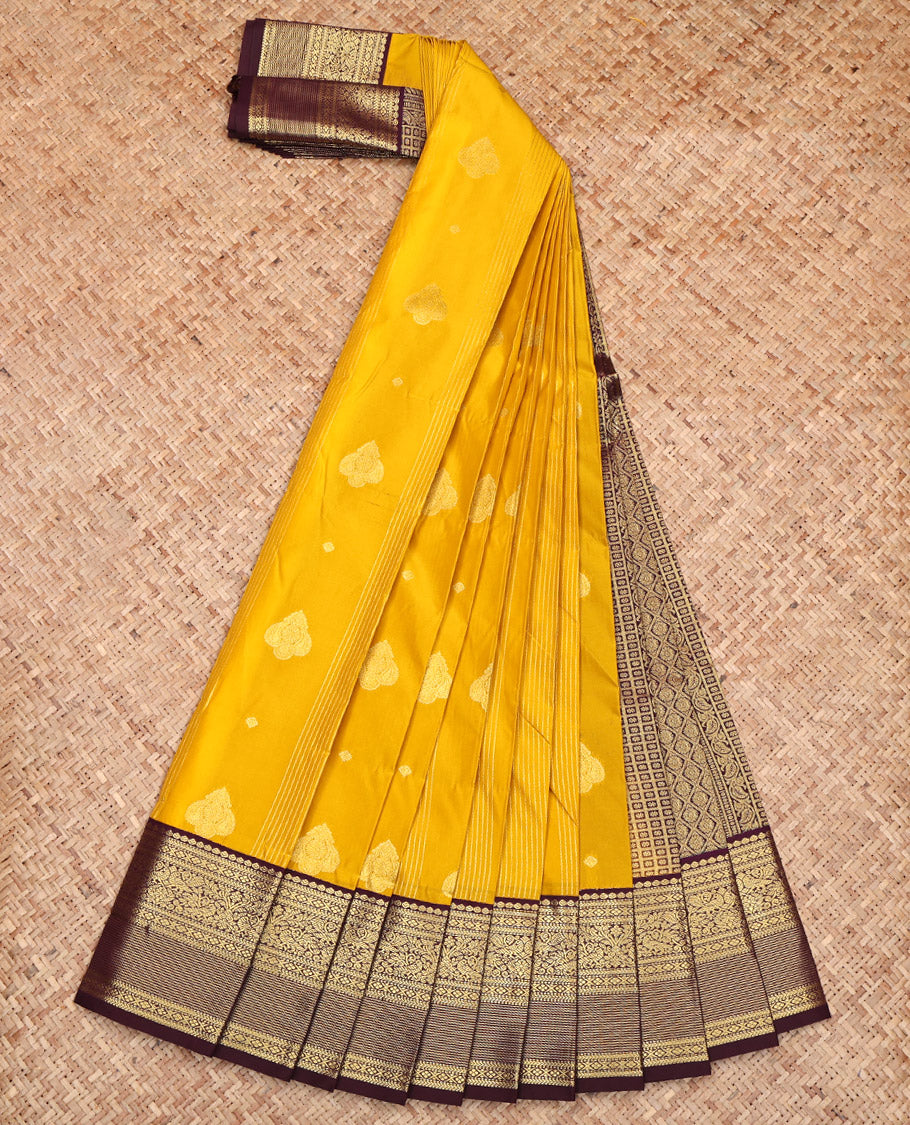 Mustard Budget Silk Saree, Sparsely Woven with Zari Buttas and Stripes, Captivating Contrast Traditional Zari Design Border, Grand Pallu, and a Contrast Blouse
