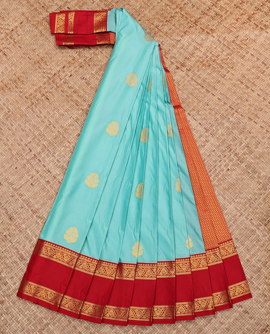 Light Blue Budget Silk Saree, Detailed with Zari Buttas, Complemented by Contrast Floral Creeper Rettai Pettu Border, Grand Pallu and a Contrast Blouse