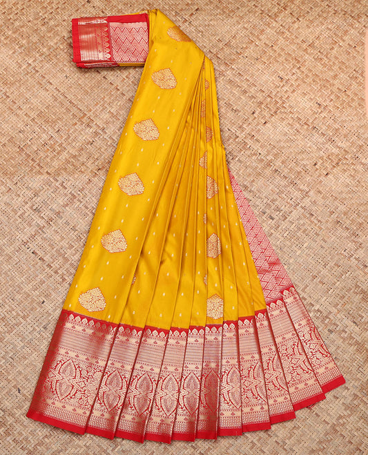 Yellow Budget Silk Saree, Mesmerized with Zari Buttas, Complemented by a Contrast Traditional Zari  Border, Pallu of Jaal Designs, and a Contrast Blouse