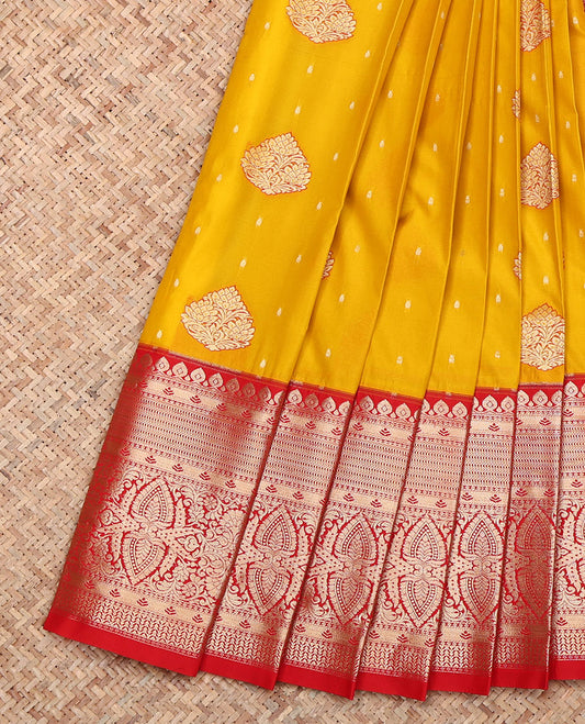 Yellow Budget Silk Saree, Mesmerized with Zari Buttas, Complemented by a Contrast Traditional Zari  Border, Pallu of Jaal Designs, and a Contrast Blouse