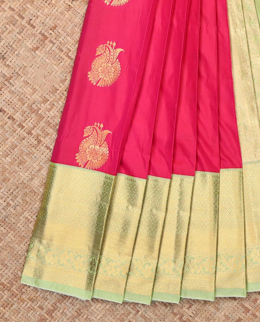 Dark Peach Budget Silk Saree, Adorned with Zari Buttas, Complemented by Contrast Traditional Zari Border, Grand Pallu and a Contrast Blouse