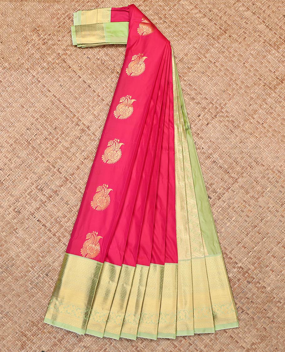 Dark Peach Budget Silk Saree, Adorned with Zari Buttas, Complemented by Contrast Traditional Zari Border, Grand Pallu and a Contrast Blouse