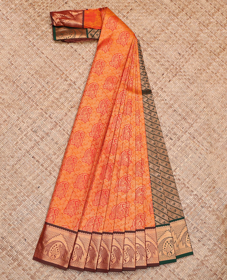 Orange Budget Silk Saree, Beautified with Jacquard, Complemented by Contrast Paisley-Temple Zari Border, Grand Pallu, and a Contrast Blouse