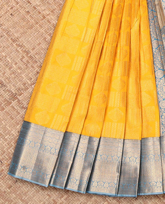 Yellow Budget Silk Saree, Subtly Sparkled with Jacquard Design, Complemented by Contrast Traditional Zari Border, Intricate Pallu, and Contrast Blouse