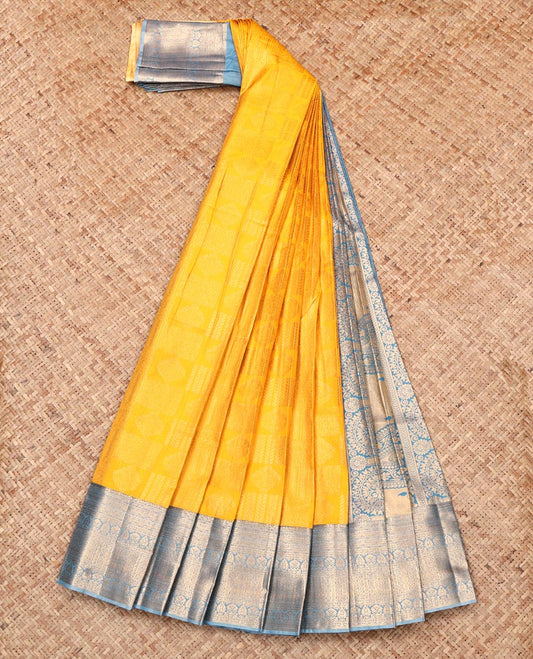 Yellow Budget Silk Saree, Subtly Sparkled with Jacquard Design, Complemented by Contrast Traditional Zari Border, Intricate Pallu, and Contrast Blouse