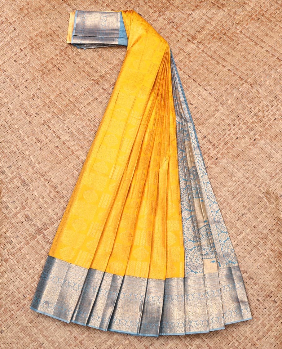 Yellow Budget Silk Saree, Subtly Sparkled with Jacquard Design, Complemented by Contrast Traditional Zari Border, Intricate Pallu, and Contrast Blouse