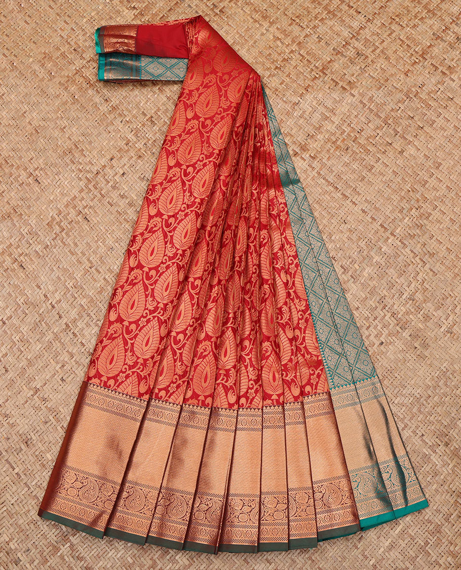 Red Budget Silk Saree Masterfully Woven with Jacquard Design, Complemented by a Contrast Traditional Zari Border, Jaal Pallu, and Contrast Blouse