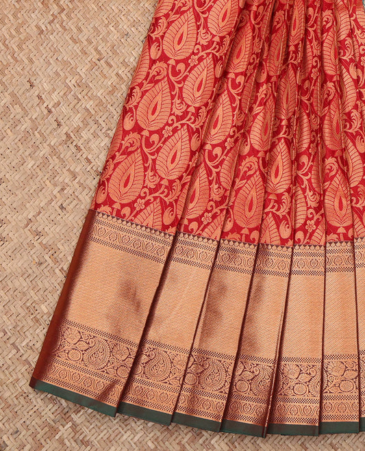 Red Budget Silk Saree Masterfully Woven with Jacquard Design, Complemented by a Contrast Traditional Zari Border, Jaal Pallu, and Contrast Blouse