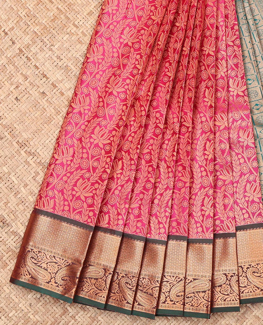 Pink Budget Silk Saree, Detailed with Jacquard Design, Complemented by a Contrast Traditional Zari Border, Grand Pallu, and a Contrast Blouse