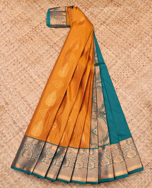 Orange Budget Silk Saree, Richly Detailed with Zari Buttas and Checks, Complemented by Contrast Traditional Zari Border, Grand Pallu, and a Contrast Blouse