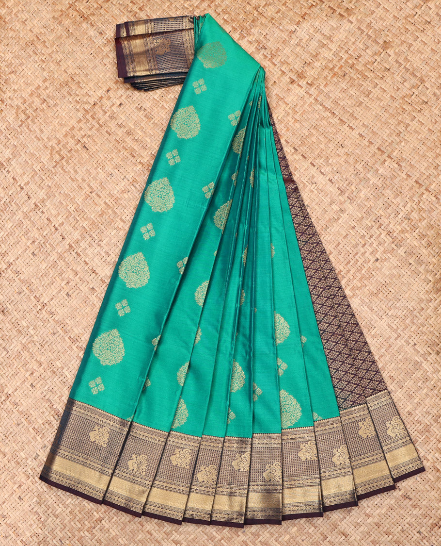 Green Budget Silk Saree, Elevated with Zari Buttas, Complemented by a Contrast Traditional Zari Border, Grand Pallu, and a Contrast Blouse