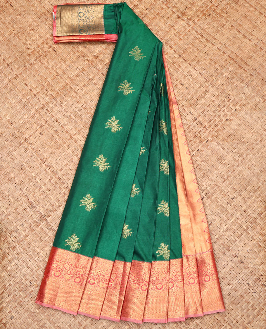 Green Budget Silk Saree, Embellished with Zari Buttas, Complemented by a Contrast Traditional Border, Grand Pallu, and a Contrast Blouse