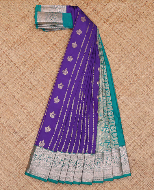 Violet Budget Silk Saree, Detailed with Zari Designs, Complemented by a Contrast Traditional Zari Border, Floral Pallu, and a Contrast Blouse