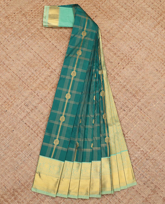 Green Budget Silk Saree, Enriched with Floral Butta Enclosed Checks, a Contrast Traditional Peacock Zari Border, a Grand Pallu and a Contrast Blouse
