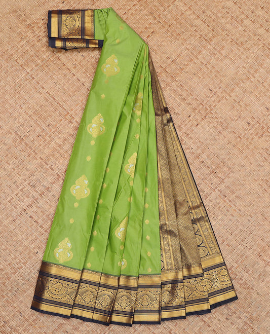 Green Budget Silk Saree, Highlighted by Zari Buttas, Complemented by Contrast Traditional Zari Border, a Jaal Pallu and a Contrast Blouse