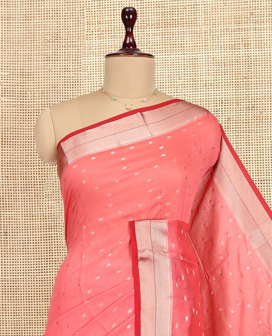 Peach Assam Silk Saree, Enthralled with Zari Buttas, Complemented by Contrast Traditional Zari Border,  Zari Woven Pallu, and Contrast Blouse