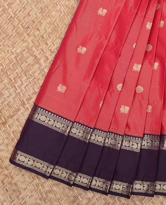 Red Budget Silk Saree, Steeped in Richness of Peacock-Chakram Buttas and Stripes, a Contrast Traditional Zari Rettai Pettu Border, Grand Pallu, and a Contrast Blouse