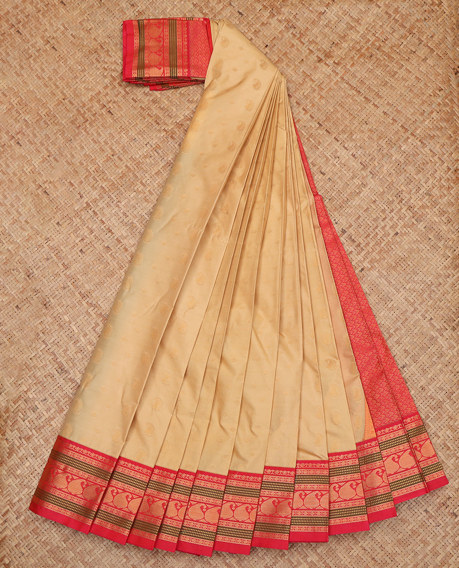 Sandal Budget Silk Saree, Sparsely Woven with Paisley Buttas, a Contrast Traditional Zari Border, Grand Pallu, and a Contrast Blouse
