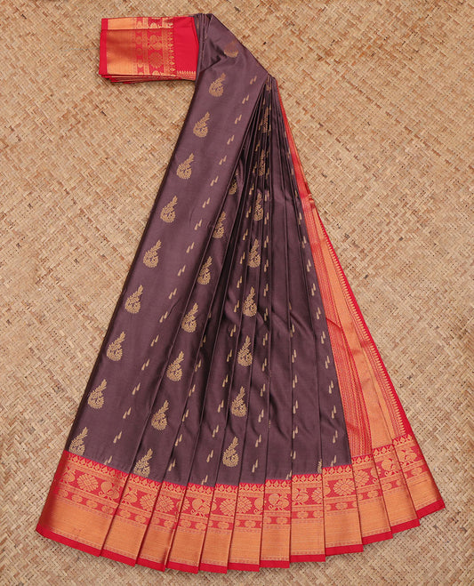 Brown Budget Silk Saree, Impeccably Styled with Zari Buttas, a Contrast Traditional Zari Border, Intricate Pallu, and a Contrast Blouse