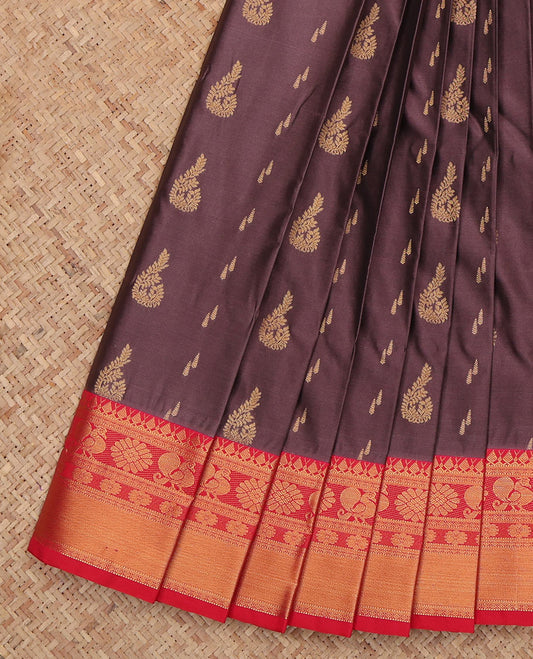 Brown Budget Silk Saree, Impeccably Styled with Zari Buttas, a Contrast Traditional Zari Border, Intricate Pallu, and a Contrast Blouse