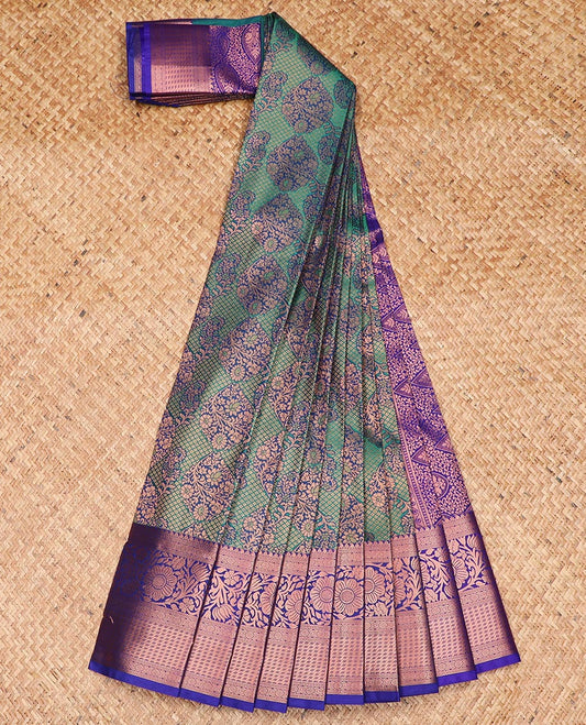 Green jacquard gift saree, contrast traditional zari border, and pallu of thilakam designs