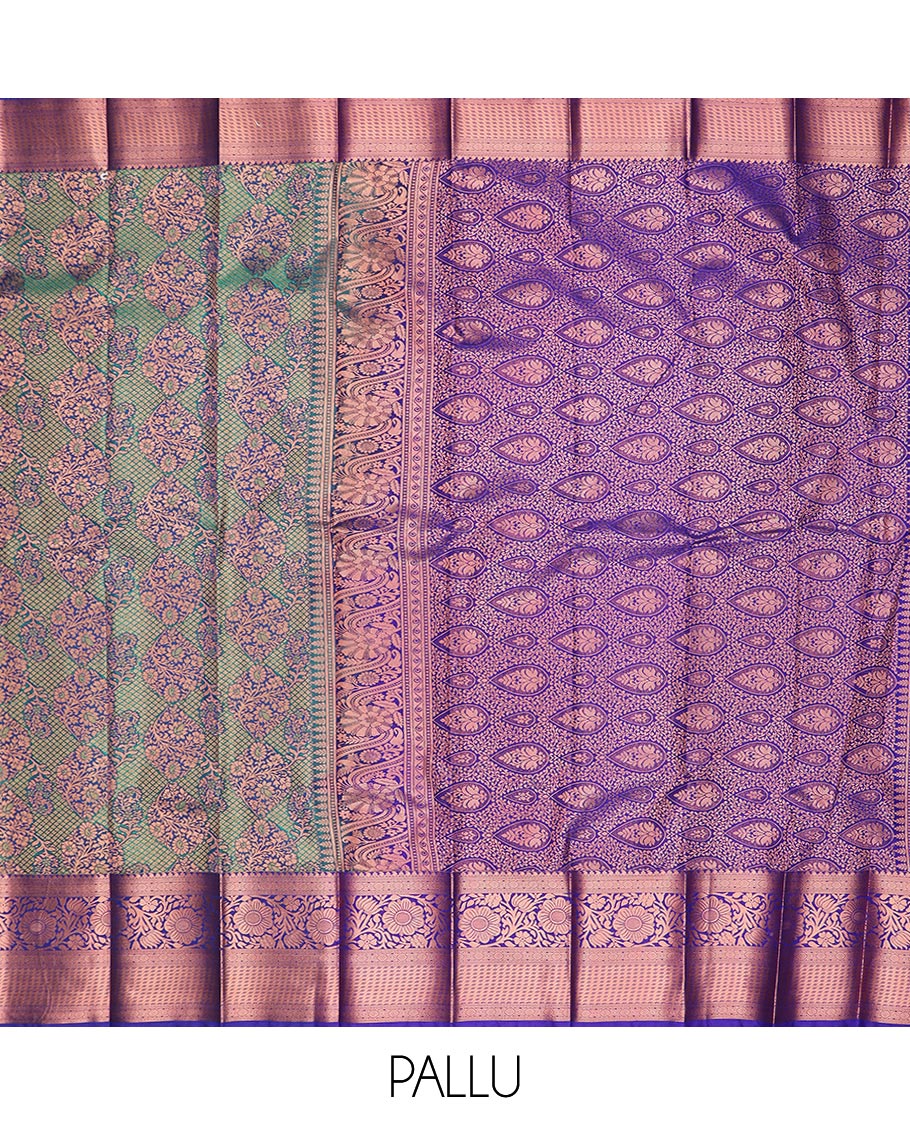 Green jacquard gift saree, contrast traditional zari border, and pallu of thilakam designs
