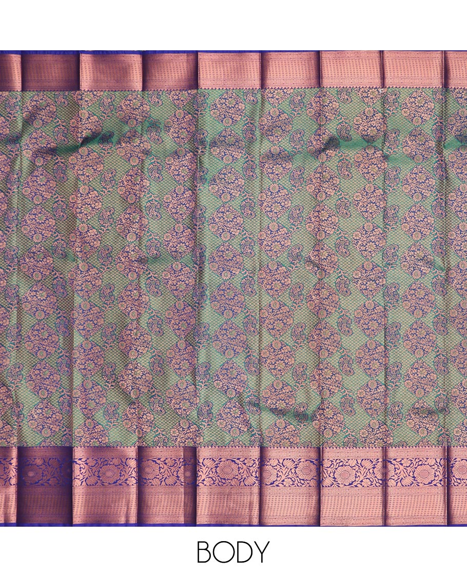 Green jacquard gift saree, contrast traditional zari border, and pallu of thilakam designs