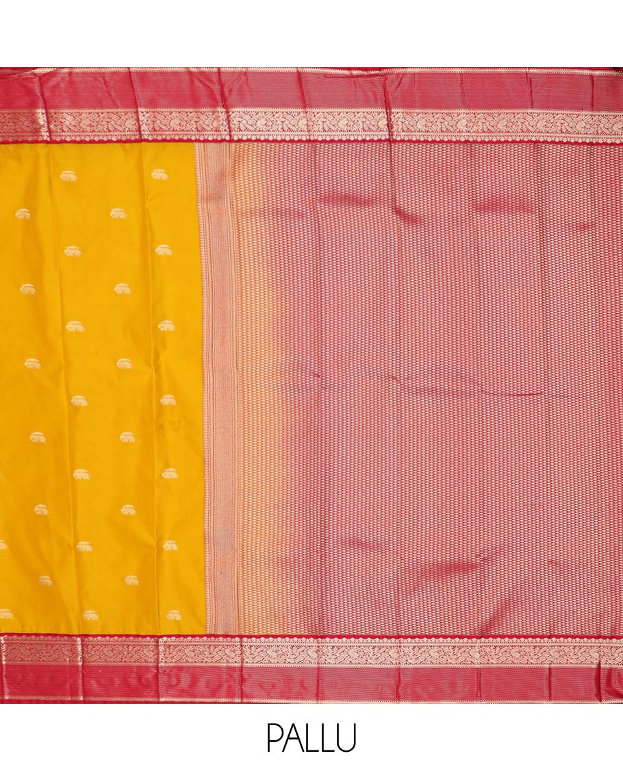 Yellow elephant motifs gift saree, contrast traditional zari design border, and intricate pallu