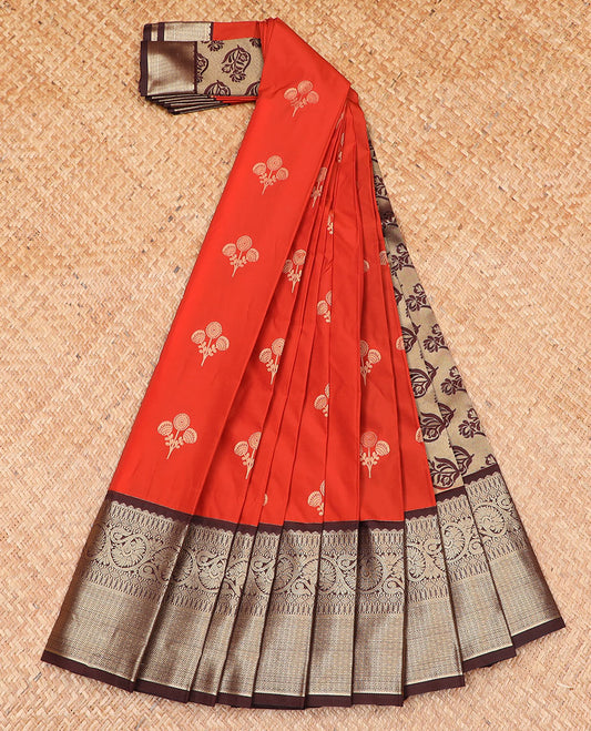 Orange floral buttas budget silk saree, contrast traditional zari design border, and pallu of floral motifs