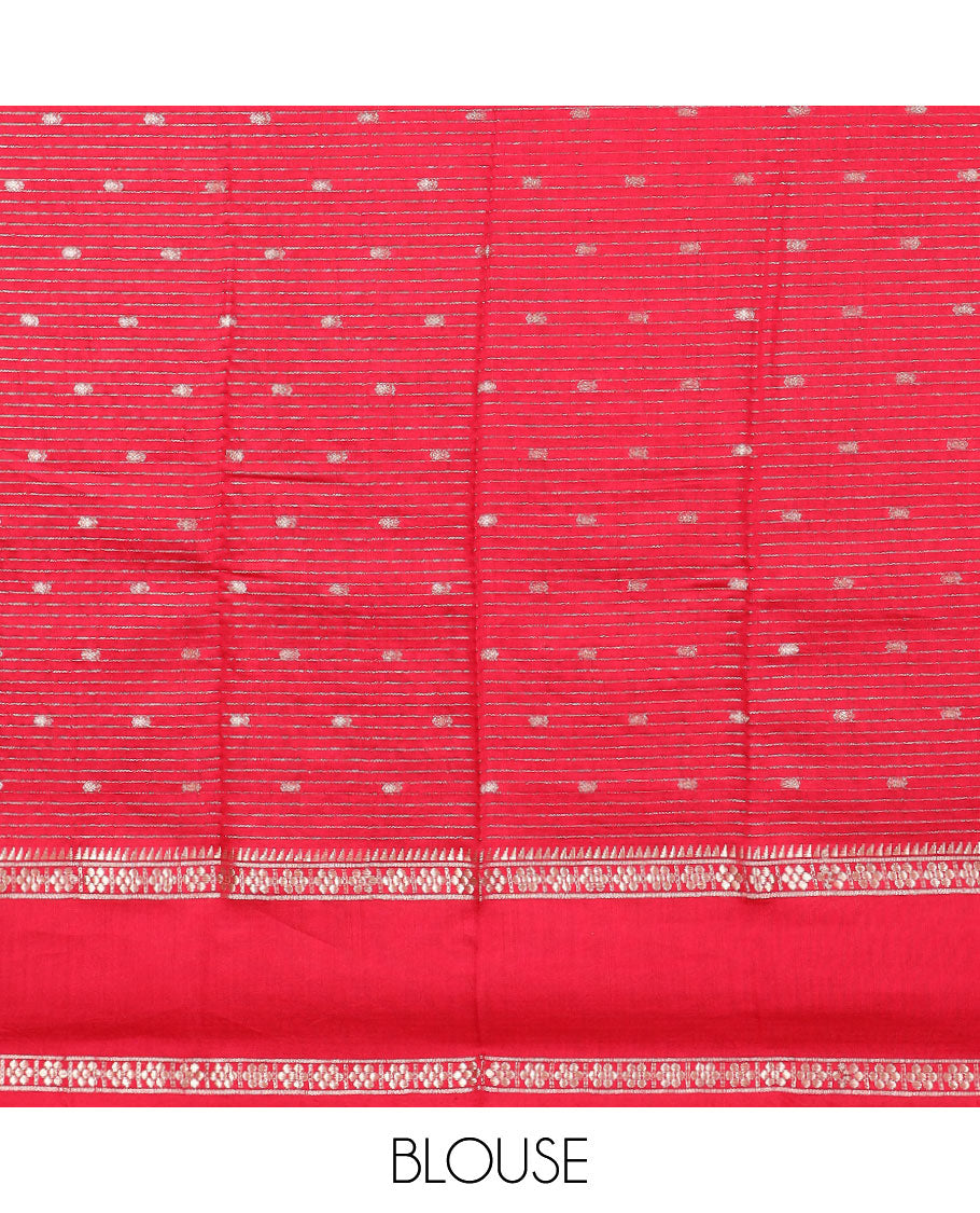 Red buttas and striped assam silk saree, contrast traditional zari border, and pallu of zari stripes