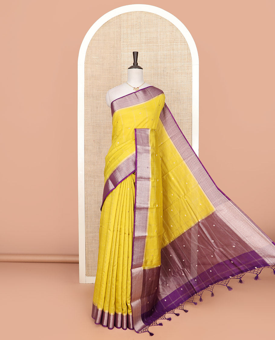 Yellow zari butta enclosed checked Assam silk saree, contrast traditional zari design border, and pallu of zari designs
