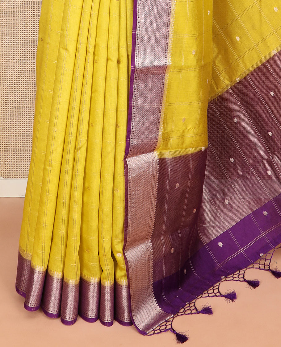 Yellow zari butta enclosed checked Assam silk saree, contrast traditional zari design border, and pallu of zari designs