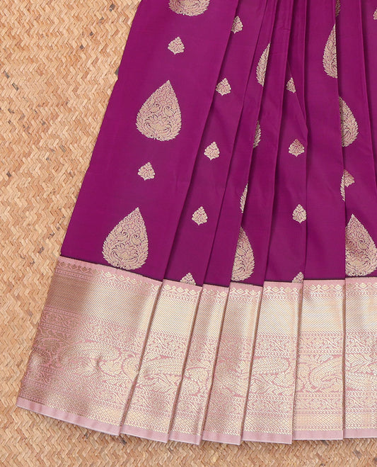 Purple Budget Silk Saree, Accentuated with Zari Buttas All Over Its Body, Complemented by Contrast Border of Traditional Designs, Pallu Depicts Jaal Designs, and Paired with a Contrast Blouse