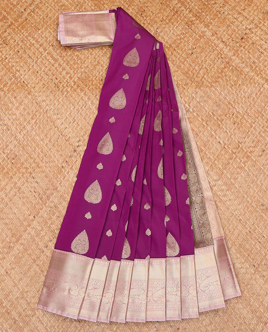 Purple Budget Silk Saree, Accentuated with Zari Buttas All Over Its Body, Complemented by Contrast Border of Traditional Designs, Pallu Depicts Jaal Designs, and Paired with a Contrast Blouse