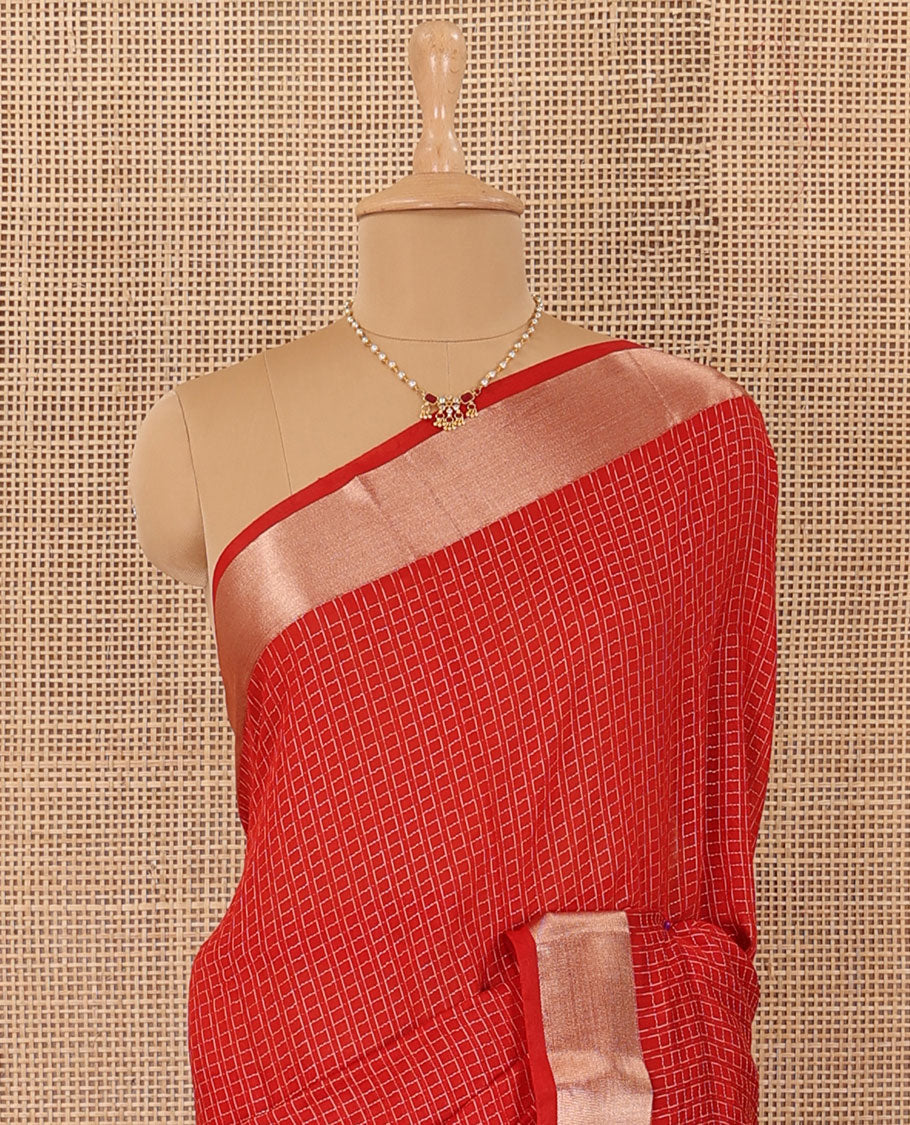 Red maze design Assam silk saree, bavanji border, and zari pallu