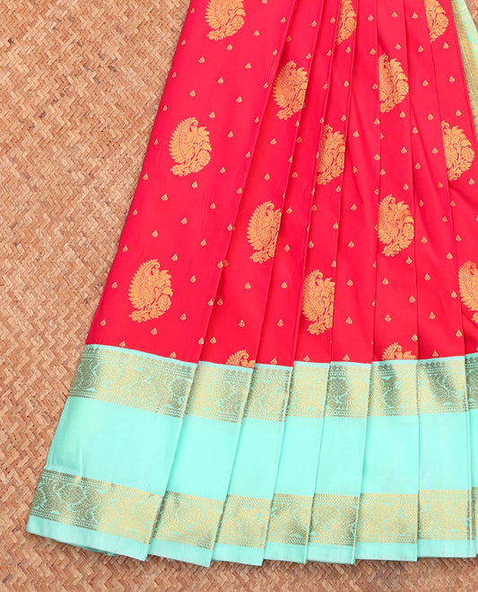 Red Budget Silk Saree, Decorated with Zari Buttas, Complemented by a Contrast Traditional Zari Rettai Pettu Border, Grand Pallu, and Contrast Blouse