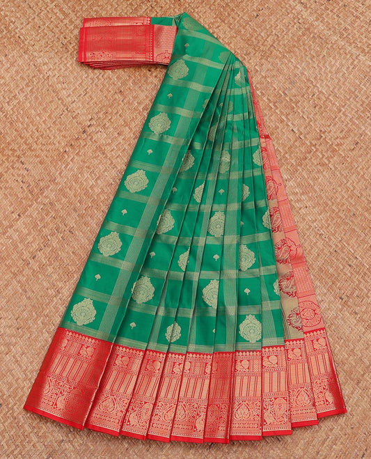 Green Budget Silk Saree, Sparsely Threaded with Zari Butta Enclosed Checks, Complemented by Contrast Traditional Zari Border, Grand Pallu, and Contrast Blouse