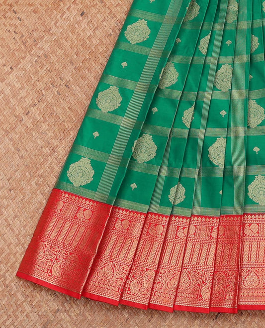 Green Budget Silk Saree, Sparsely Threaded with Zari Butta Enclosed Checks, Complemented by Contrast Traditional Zari Border, Grand Pallu, and Contrast Blouse