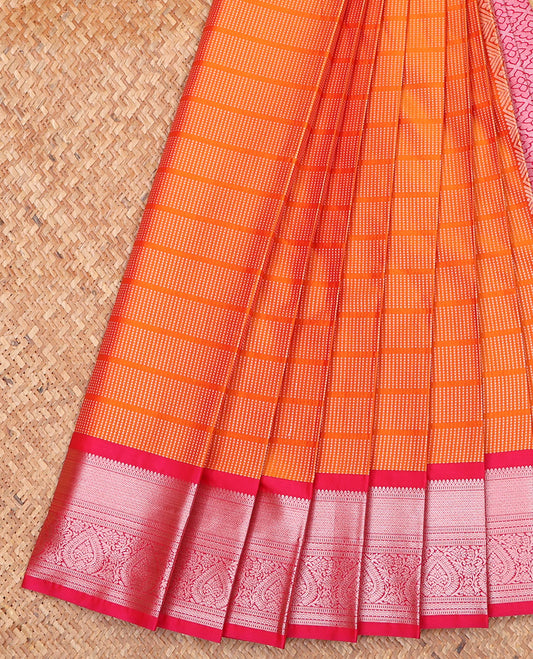 Orange Budget Silk Saree, Finely Crafted with Micro-Buttas on Its Body, Complemented by a Contrast Traditional Zari Design Border, Grand Jaal Pallu, and Paired with a Contrast Blouse