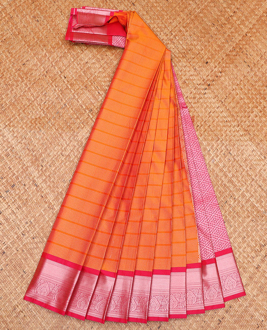 Orange Budget Silk Saree, Finely Crafted with Micro-Buttas on Its Body, Complemented by a Contrast Traditional Zari Design Border, Grand Jaal Pallu, and Paired with a Contrast Blouse