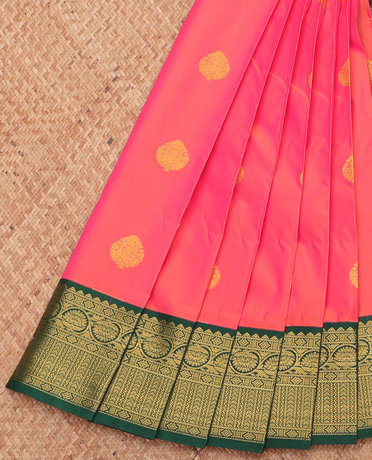 Pink Budget Silk Saree, Bedecked with Zari Buttas, Complemented by a Contrast Traditional Zari Border, Grand Pallu, and a Contrast Blouse