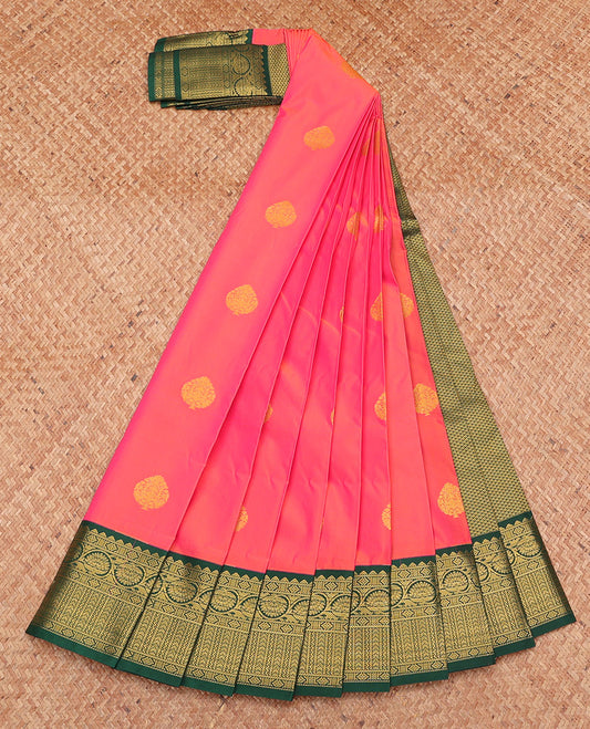 Pink Budget Silk Saree, Bedecked with Zari Buttas, Complemented by a Contrast Traditional Zari Border, Grand Pallu, and a Contrast Blouse