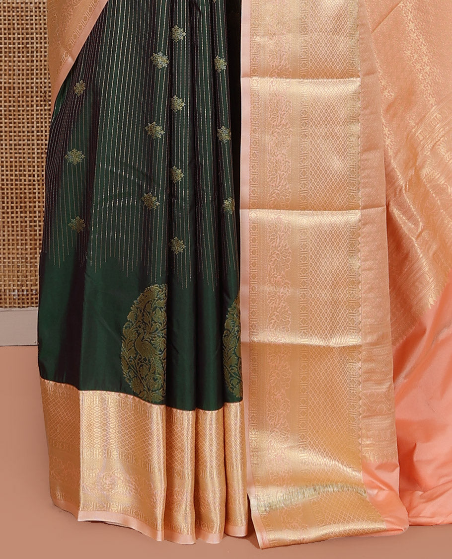 Green Budget Silk Saree, Showcasing Zari Buttas on Its Body, Complemented by a Contrast Traditional Zari Design Border, Intricately Designed Pallu, and Paired with a Contrast Blouse