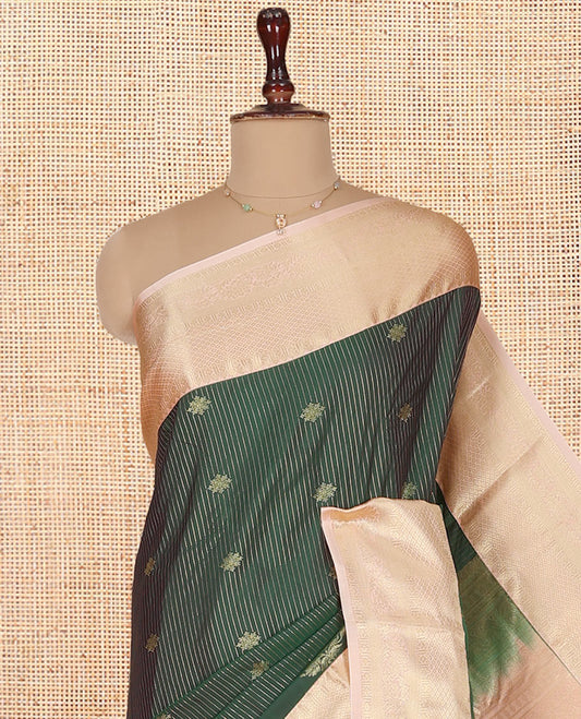 Green Budget Silk Saree, Showcasing Zari Buttas on Its Body, Complemented by a Contrast Traditional Zari Design Border, Intricately Designed Pallu, and Paired with a Contrast Blouse