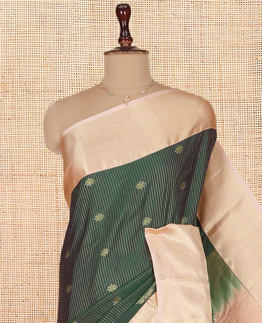 Green Budget Silk Saree, Showcasing Zari Buttas on Its Body, Complemented by a Contrast Traditional Zari Design Border, Intricately Designed Pallu, and Paired with a Contrast Blouse