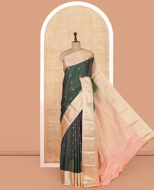 Green Budget Silk Saree, Showcasing Zari Buttas on Its Body, Complemented by a Contrast Traditional Zari Design Border, Intricately Designed Pallu, and Paired with a Contrast Blouse