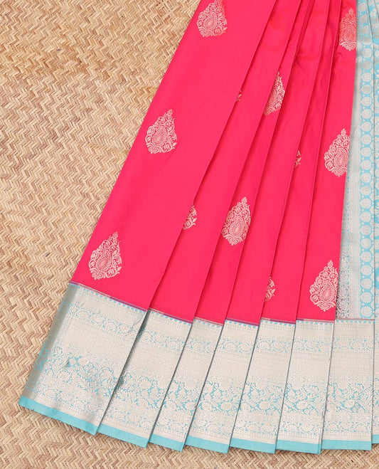 Pink Budget Silk Saree, Gleamed Up with Zari Buttas, Complemented by Contrast Traditional Zari Border, a Grand Pallu and a Contrast Blouse